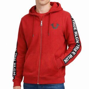 True Religion Men’s XL Red Full Zip Hoodie Logo Tape Sleeves Sweater Streetwear